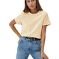 Woman wearing a beige t-shirt and blue jeans on a white background